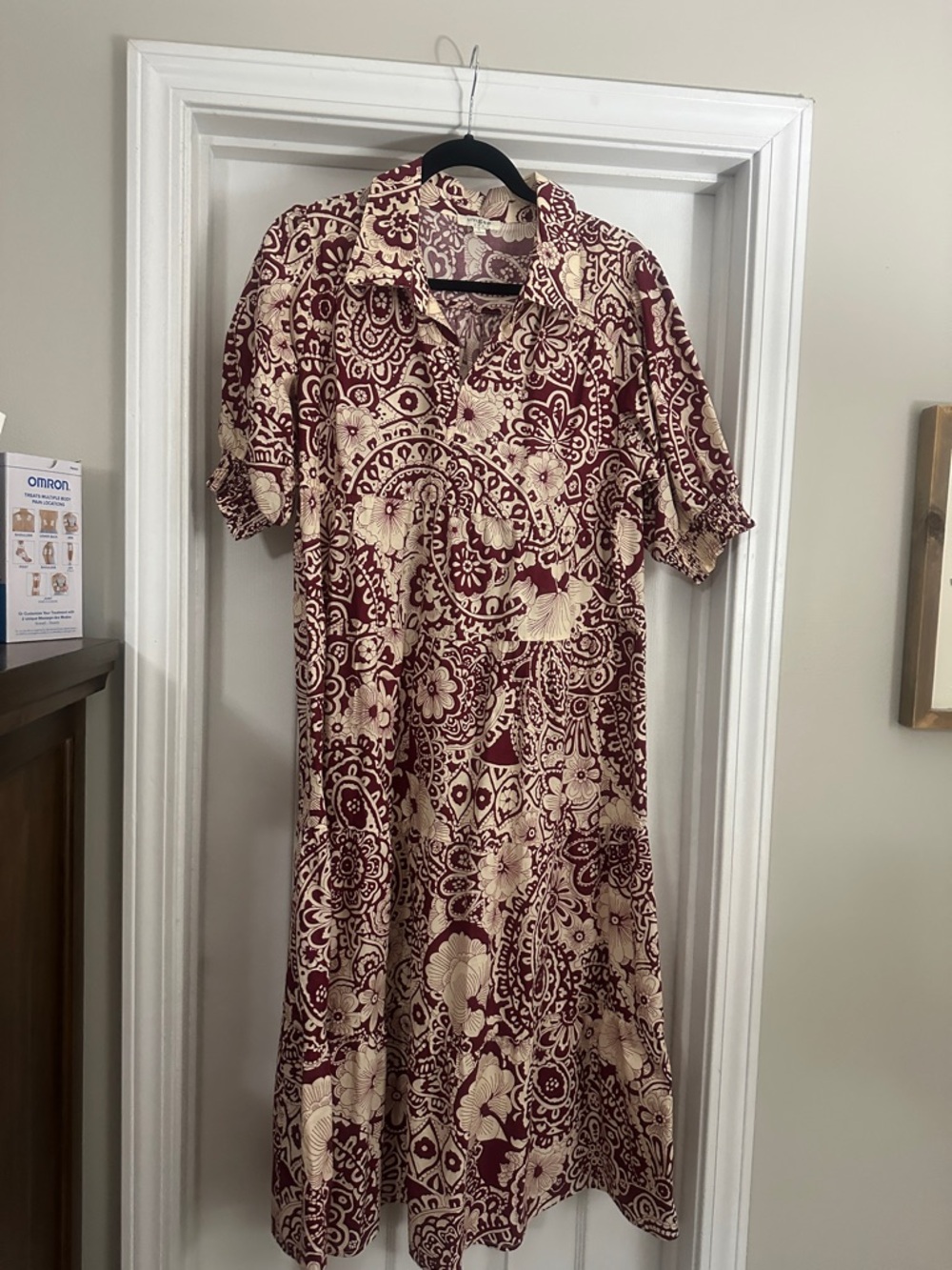 Umgee Burgundy and Cream Paisley Button-Front Midi Dress